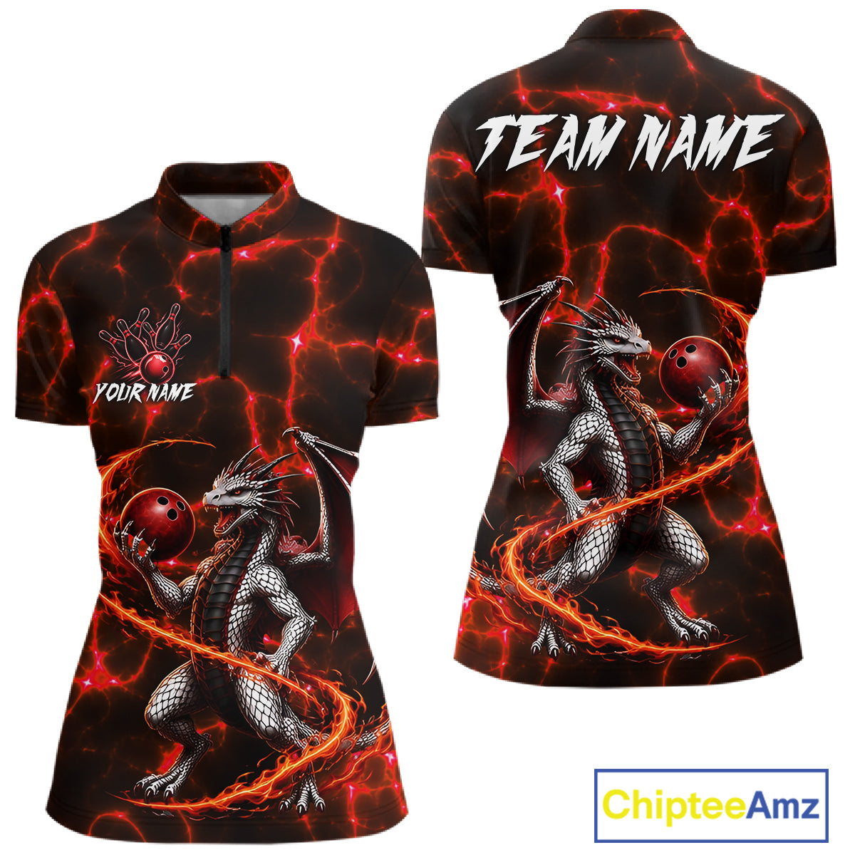 Red Lightning Dragon Bowling 1/4-Zip Shirt For Women Custom Fire Flame Bowling Team Outfits