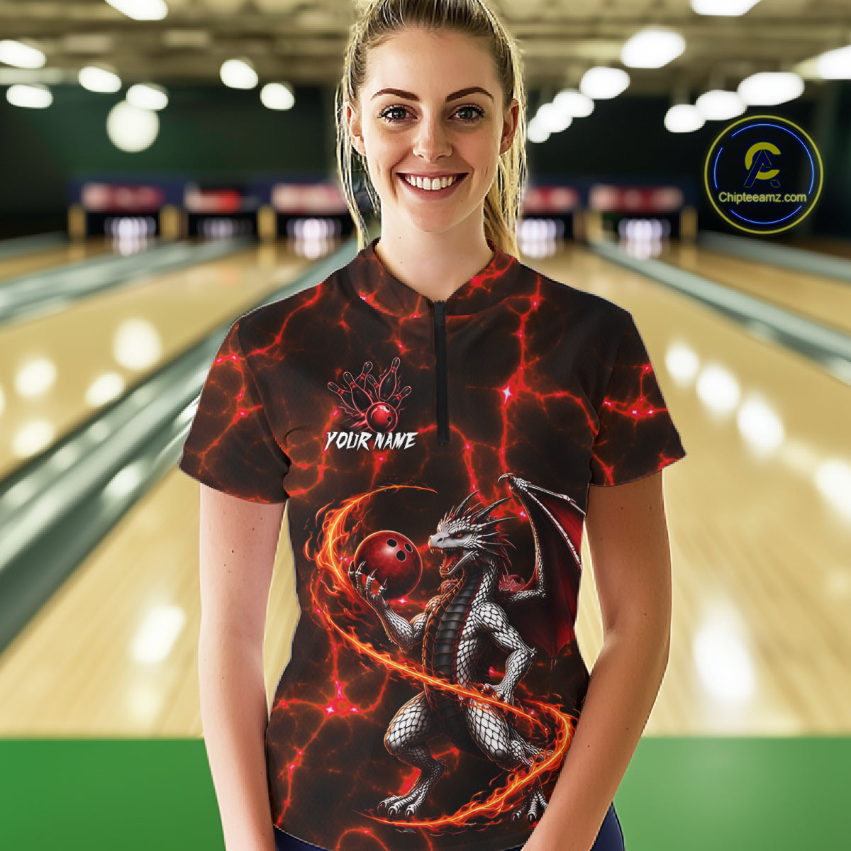 Thunder Lightning Dragon Bowling Shirt For Women Custom Fire Flame Bowling Team Outfits | Red NYN3282