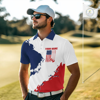 Male golfer wearing American flag golf polo shirt, patriotic golf clothing, custom men's golf apparel