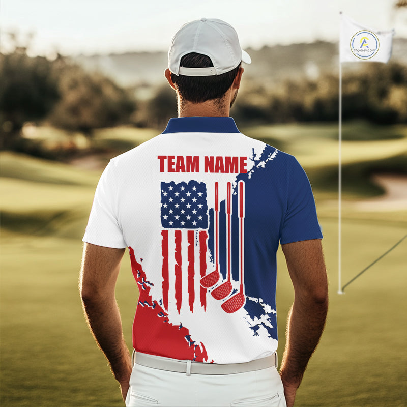 Male golfer wearing American flag golf polo shirt, patriotic golf clothing, custom men's golf apparel