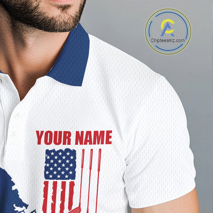 Male golfer wearing American flag golf polo shirt, patriotic golf clothing, custom men's golf apparel
