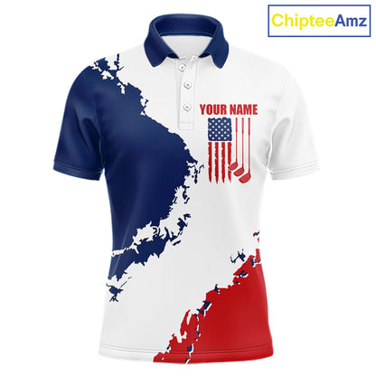 Men's American flag golf polo shirt, patriotic golf apparel, custom golf team shirt, red white blue golf uniform, golf gift for men