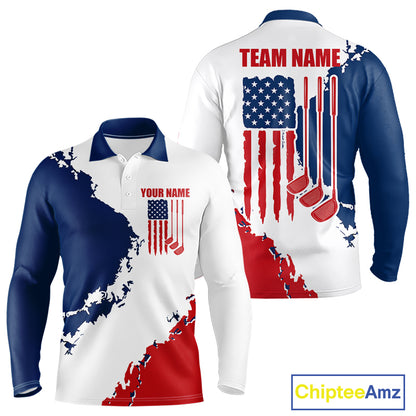 Men's American flag golf long sleeeves polo shirt, patriotic golf apparel, custom golf team shirt, red white blue golf uniform, golf gift for men