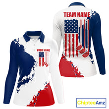 Load image into Gallery viewer, Women's American flag golf polo shirt, patriotic golf apparel, custom golf team shirt, red white blue golf uniform, ladies golf gift