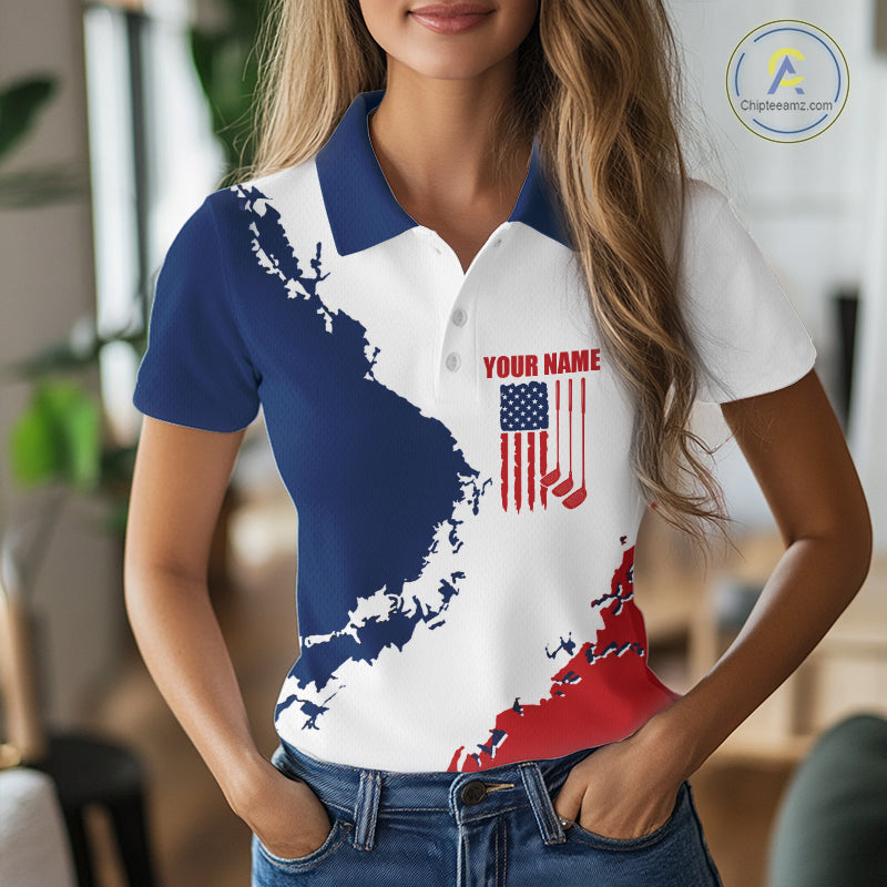 Female golfer wearing American flag golf polo shirt, patriotic golf clothing, custom women's golf apparel