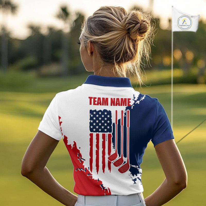 Female golfer wearing American flag golf polo shirt, patriotic golf clothing, custom women's golf apparel