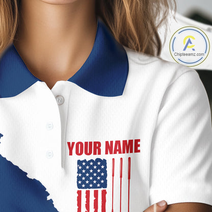Female golfer wearing American flag golf polo shirt, patriotic golf clothing, custom women's golf apparel