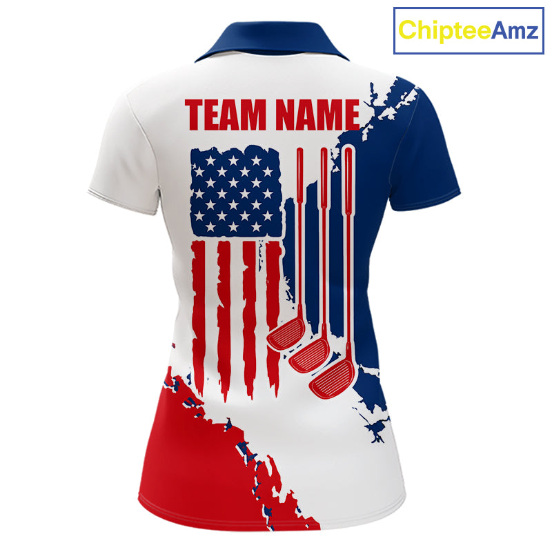 Women's American flag golf polo shirt, patriotic golf apparel, custom golf team shirt, red white blue golf uniform, ladies golf gift