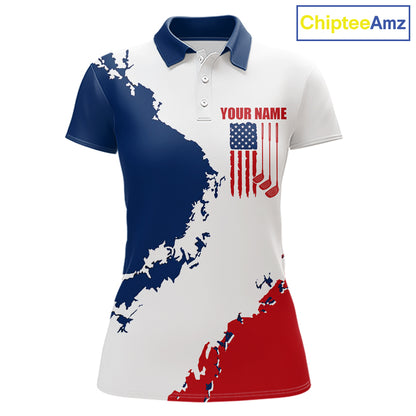 Women's American flag golf polo shirt, patriotic golf apparel, custom golf team shirt, red white blue golf uniform, ladies golf gift