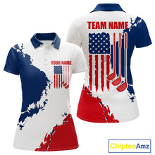 Load image into Gallery viewer, Women's American flag golf polo shirt, patriotic golf apparel, custom golf team shirt, red white blue golf uniform, ladies golf gift