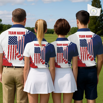 Men women golf team wearing matching American flag golf polo shirts, patriotic golf team uniforms, golf league apparel