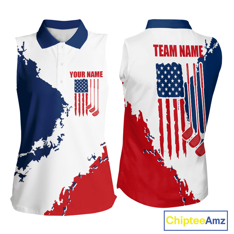 Women's American flag golf polo shirt, patriotic golf apparel, custom golf team shirt, red white blue golf uniform, ladies golf gift