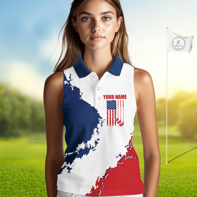 Female golfer wearing American flag golf polo shirt, patriotic golf clothing, custom women's golf apparel