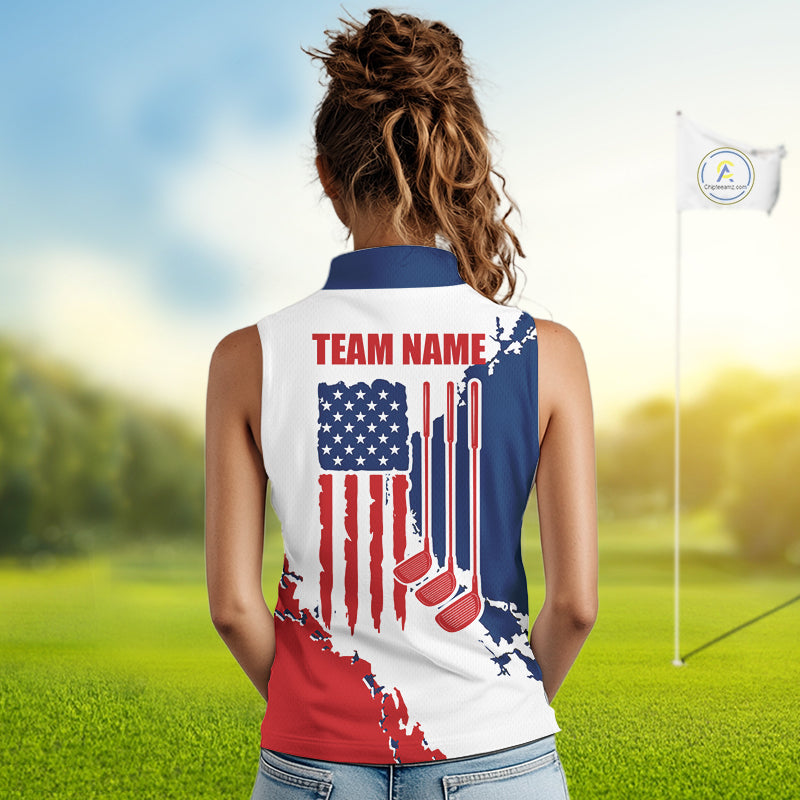 Female golfer wearing American flag golf polo shirt, patriotic golf clothing, custom women's golf apparel