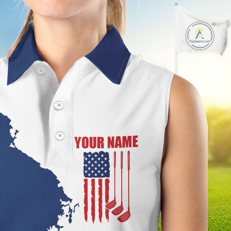 Female golfer wearing American flag golf polo shirt, patriotic golf clothing, custom women's golf apparel