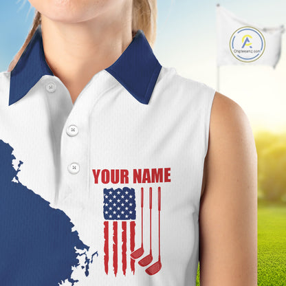 Female golfer wearing American flag golf polo shirt, patriotic golf clothing, custom women's golf apparel