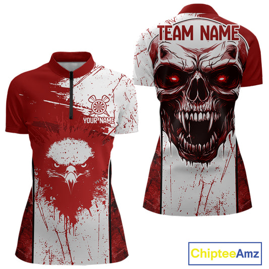 Personalized Eagle And Skull Grunge Red Dart 1/4-Zip Shirts For Women, Dart Team Jerseys NYN0791