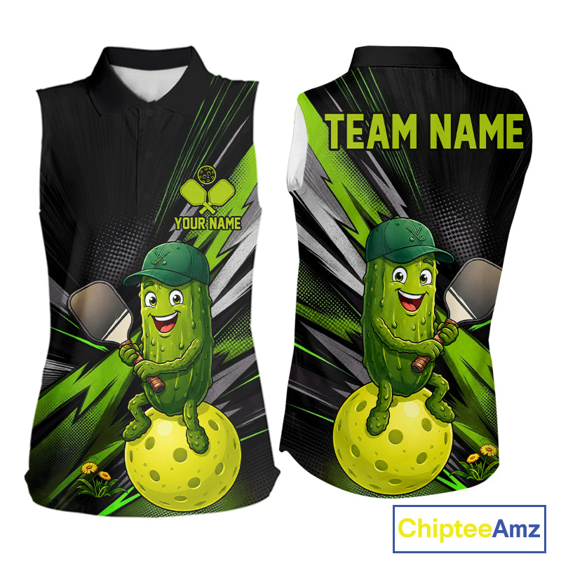 Funny Grunge Pickle Women's Pickleball Sleeveless Polo, Personalized Funny Pickle Polo, Pickle Mascot Tournament Apparel, Humorous Paddle Sports Shirt, Fun Team Uniform