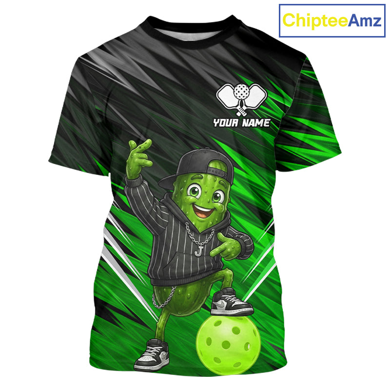Custom Green And Black Pickle Funny Pickleball T-Shirts For Men Pickle Hip-hop Pickleball Shirts NYN3862