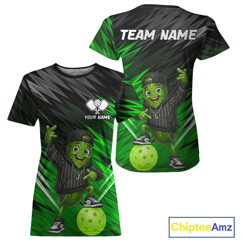 Green & Black Funny Pickle Hip-Hop Women's Pickleball T-Shirt, Personalized Funny Pickle Shirt, Hip-Hop Sports Apparel, Streetwear Athletic Tee