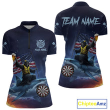 Load image into Gallery viewer, Funny Shark &amp; Skull US Flag Dartboard Custom Women Quarter-Zip Darts Shirt Dart Jersey NYN2020