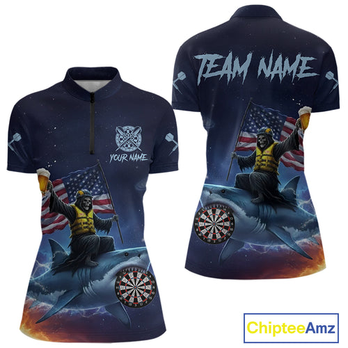 Funny Shark & Skull US Flag Dartboard Custom Women Quarter-Zip Darts Shirt Dart Jersey NYN2020