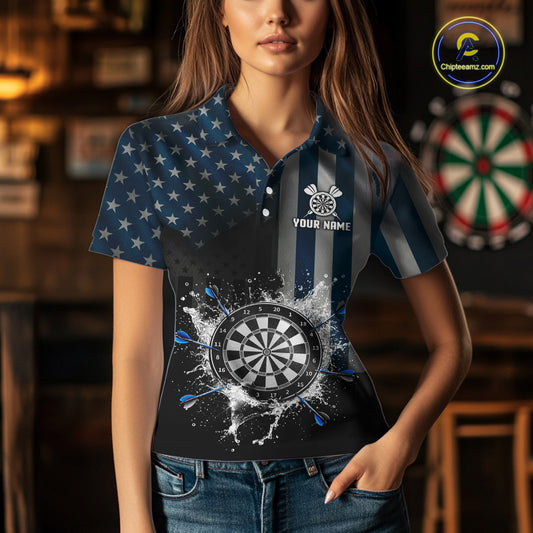 Custom Blue US Flag Water Dartboard Women Darts Polo League Shirts Patriotic Dart Jerseys NYN2246