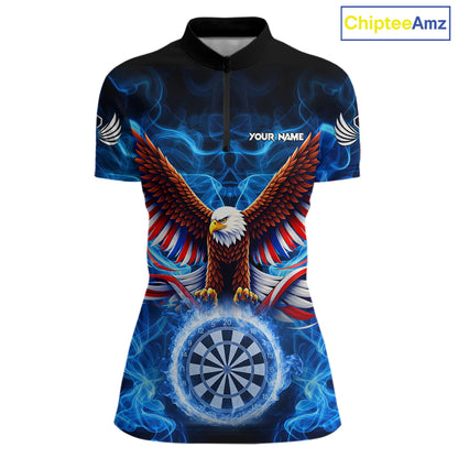 Blue Flames US Flag Eagle Freedom Darts 1/4-Zip Shirt Personalized Patriotic Women Dart Team Jerseys NYN2538