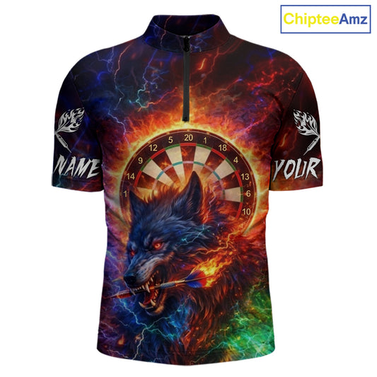 Colorful Lightning Funny Wolf Flame Dartboard Men Darts 1/4-Zip Shirt Custom Outfits Dart Jerseys NYN2540