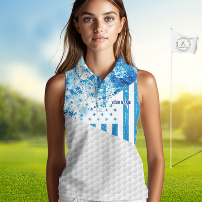 White And Blue American Flag Sleeveless Golf Polos Shirts For Women Custom Patriotic Golf Attire NYN2913