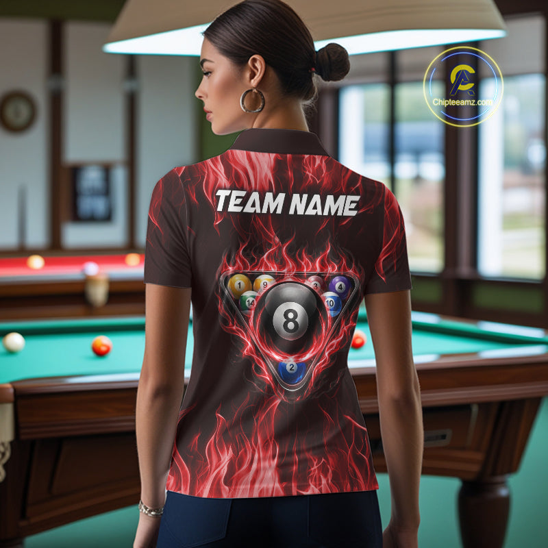 Custom Red Flaming Dragon 8 Ball Billiard Polo Shirts For Women, Dragon Billiard Pool Team Shirt NYN3291