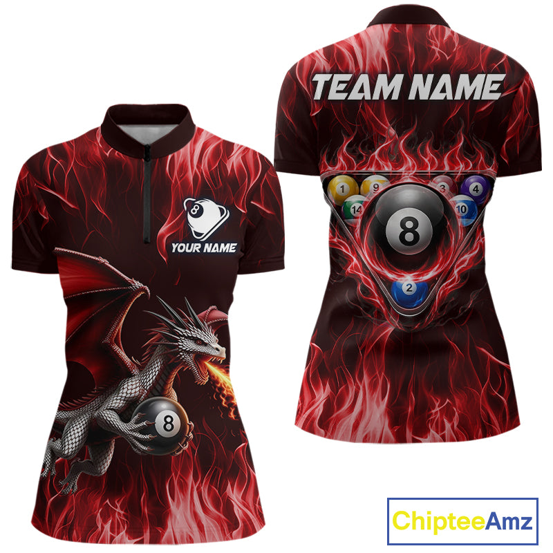 Red dragon 8 ball 1/4-zip polo shirt for women custom billiard team apparel