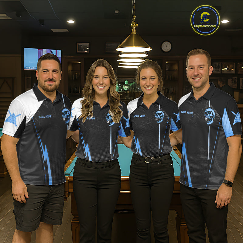 Black And Blue Grunge Skull 8 Ball Billiard Pool Shirts For Men Custom Skull Billiard Team Apparel NYN3299