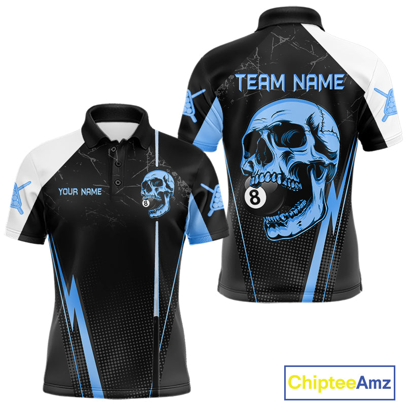 Black and blue skull 8 ball billiard pool shirt for men custom apparel