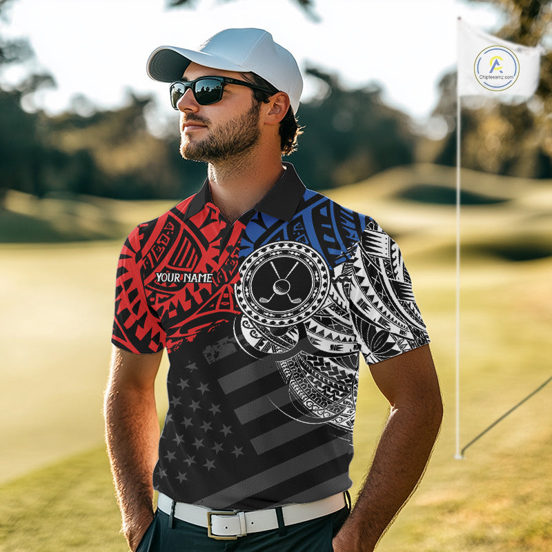 Male golfer wearing American flag tribal golf polo shirt, patriotic golf apparel, men's golf tournament outfit