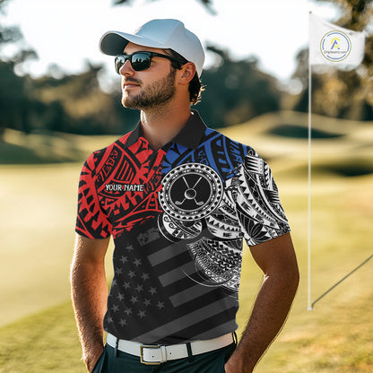 Male golfer wearing American flag tribal golf polo shirt, patriotic golf apparel, men's golf tournament outfit