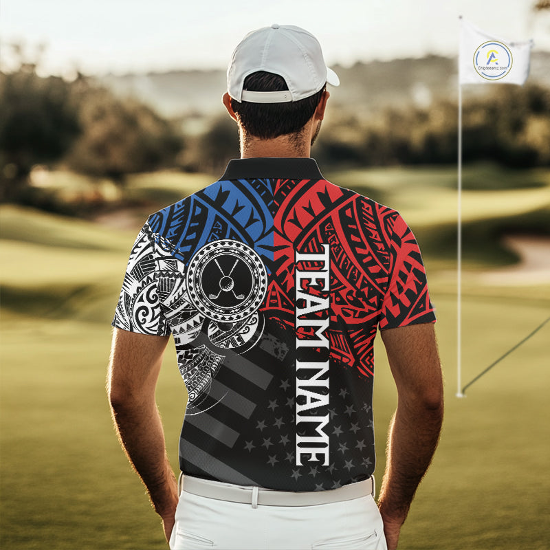 Male golfer wearing American flag tribal golf polo shirt, patriotic golf apparel, men's golf tournament outfit