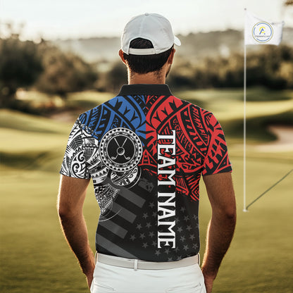Male golfer wearing American flag tribal golf polo shirt, patriotic golf apparel, men's golf tournament outfit