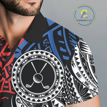 Male golfer wearing American flag tribal golf polo shirt, patriotic golf apparel, men's golf tournament outfit