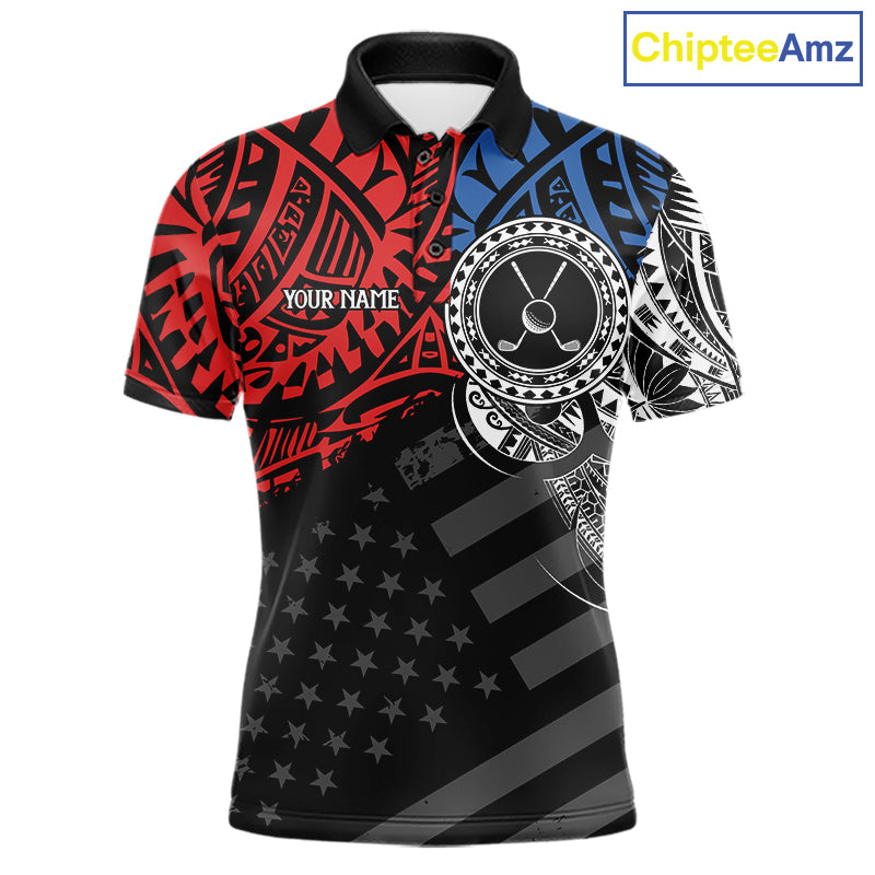 Men's American flag tribal golf polo shirt, red blue white golf apparel, patriotic golf shirt, tribal golf team uniform