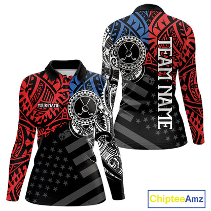 Women's American flag tribal golf long sleeves polo shirt, red blue white golf apparel, patriotic golf shirt, tribal golf team uniform