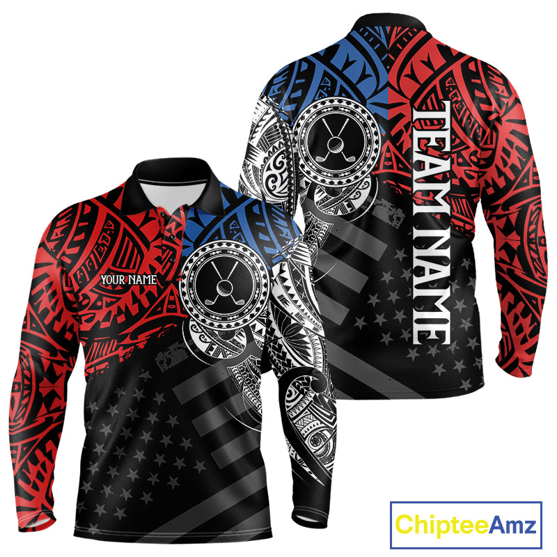 Men's American flag tribal golf long sleeves polo shirt, red blue white golf apparel, patriotic golf shirt, tribal golf team uniform