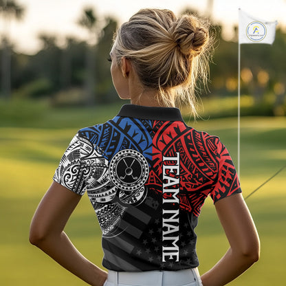 Female golfer wearing American flag tribal golf polo shirt, patriotic golf apparel, women's golf tournament outfit