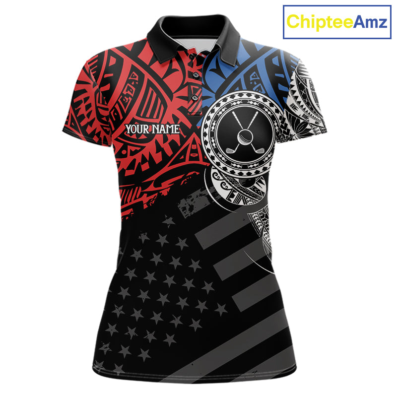 Women's American flag tribal golf short sleeves polo shirt, red blue white golf apparel, patriotic golf shirt, tribal golf team uniform