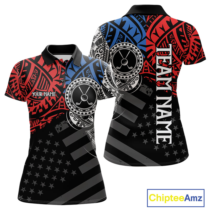 Women's American flag tribal golf short sleeves polo shirt, red blue white golf apparel, patriotic golf shirt, tribal golf team uniform