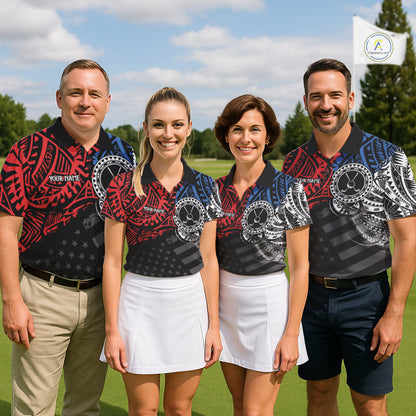 Men women golf team wearing matching tribal American flag golf polo shirts, custom golf uniforms, patriotic golf apparel