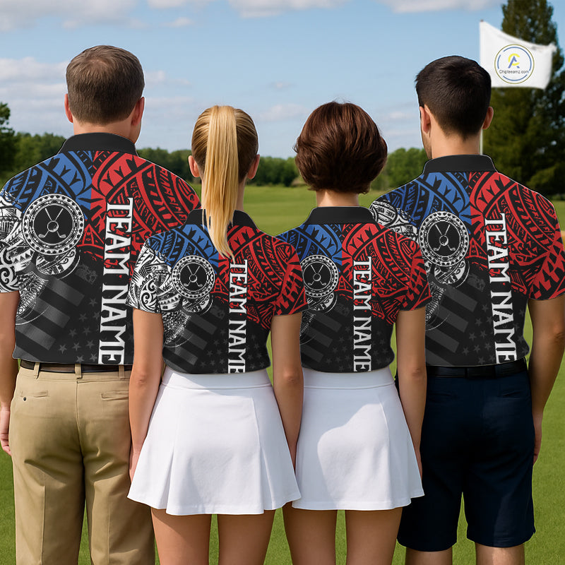 Men women golf team wearing matching tribal American flag golf polo shirts, custom golf uniforms, patriotic golf apparel