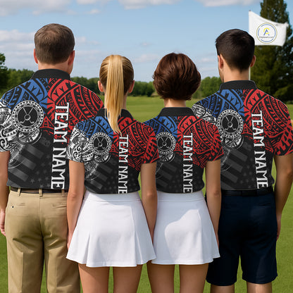 Men women golf team wearing matching tribal American flag golf polo shirts, custom golf uniforms, patriotic golf apparel