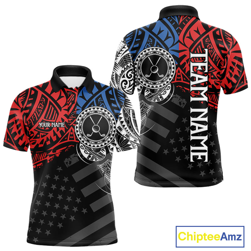 Men's American flag tribal golf polo shirt, red blue white golf apparel, patriotic golf shirt, tribal golf team uniform