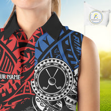 Load image into Gallery viewer, Female golfer wearing American flag tribal golf polo shirt, patriotic golf apparel, women's golf tournament outfit